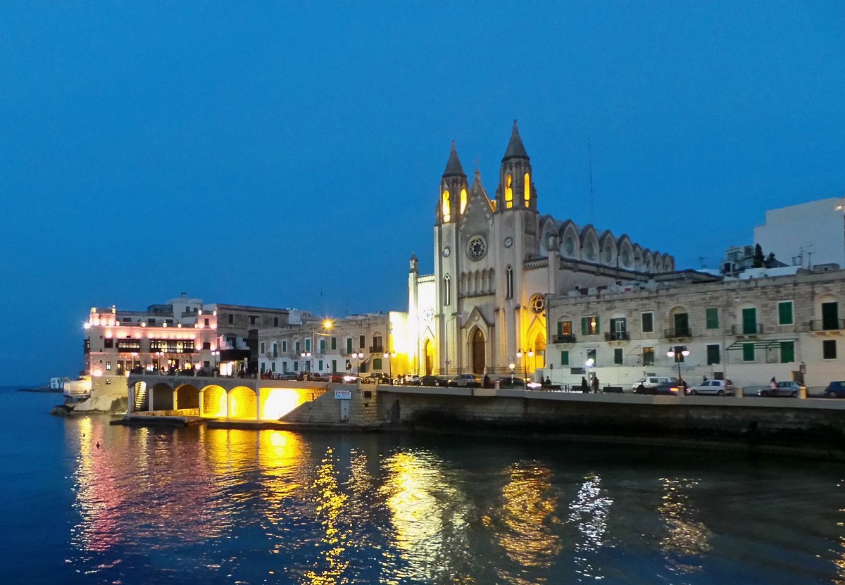 Balluta Church at dusk, overlooking Balluta Bay