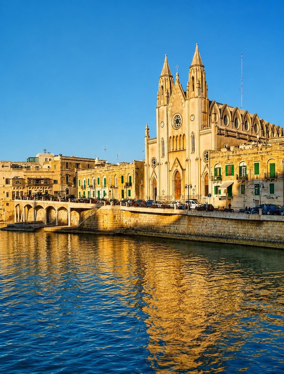 The church at golden hour, reflected in Balluta Bay
